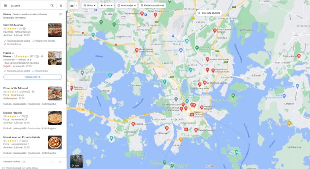 Googlen yritysprofiili Google Maps haussa.